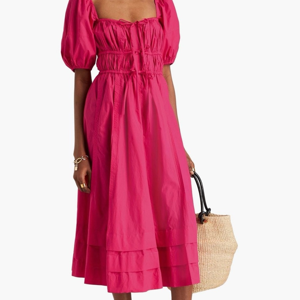 Ulla Johnson Pink Midi Dress with Sweetheart Neckline and Puff Sleeves